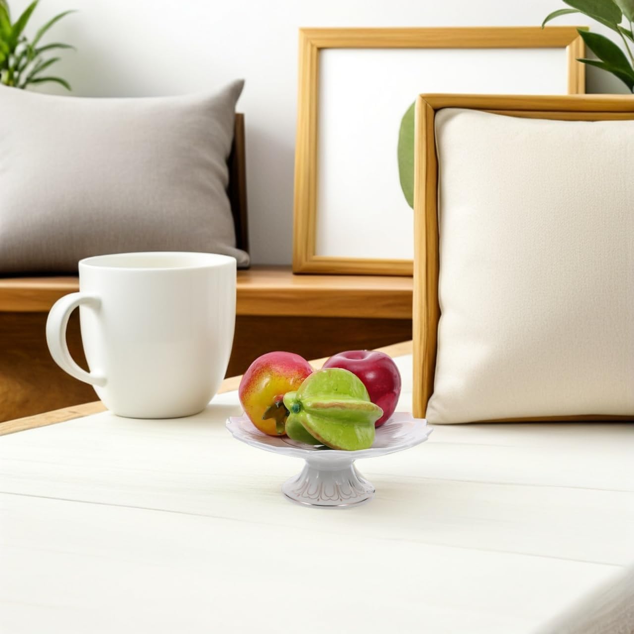Hemobllo Ceramic Buddhist Offering Plate 7 Inch Footed Fruit Bowl with Gold Relief Temple Altar Tray for Worship Ritual Use Decorative Pedestal Centerpiece Table Top Dish White