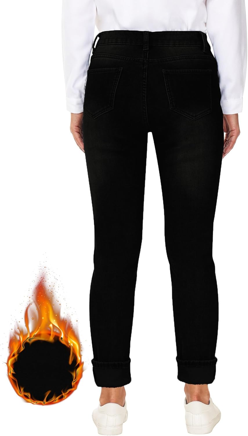 Qazel Vorrlon Women's Fleece Lined Jeans for Women Winter Warm Flannel Lined Jeans Womens High Waisted Skinny Stretch Pants - Image 3