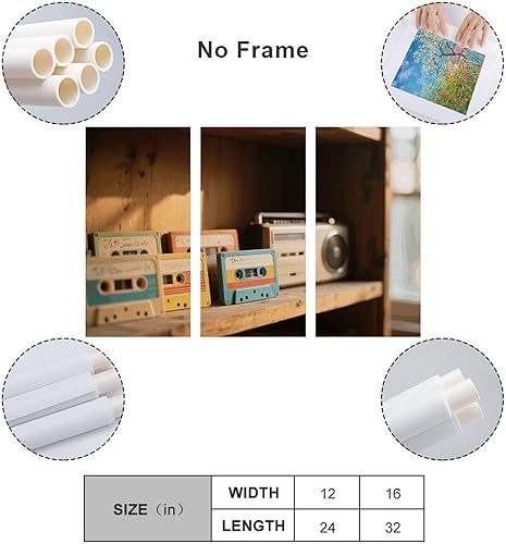 Miniatura 2 de KLJHNVBM 3 Panel Canvas Wall Art Vertical 16x32inch(40x80cm) Modern Artwork Prints Home Decor, Retro Cassette Tape Poster for Living Room, Bedroom,