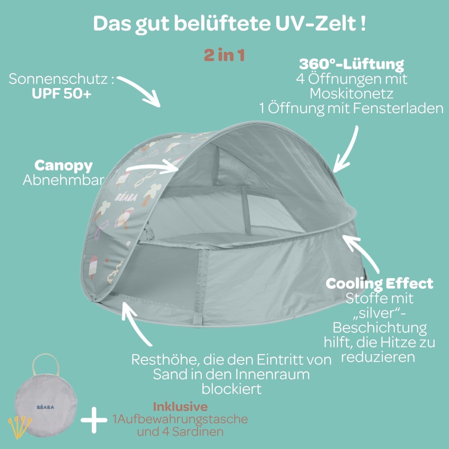BÉABA, Strandzelt Für Kinder 2 In 1, 0-24 Monate, Maximaler Sonnenschutz UPF50+, UV-Filter, 360° Belüftung, Mückennetz, Geräumig, Pop-Up System, Tragetasche, Breezynest, Khaki