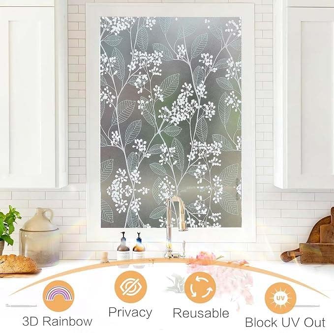 Image of Window Privacy Decorative Stained Glass Window Decal Tint Film, Adhesive Static Cling Sun Stickers, Door Window Covering For Home (24In' X 7Ft', Blue Cherry Leaf)