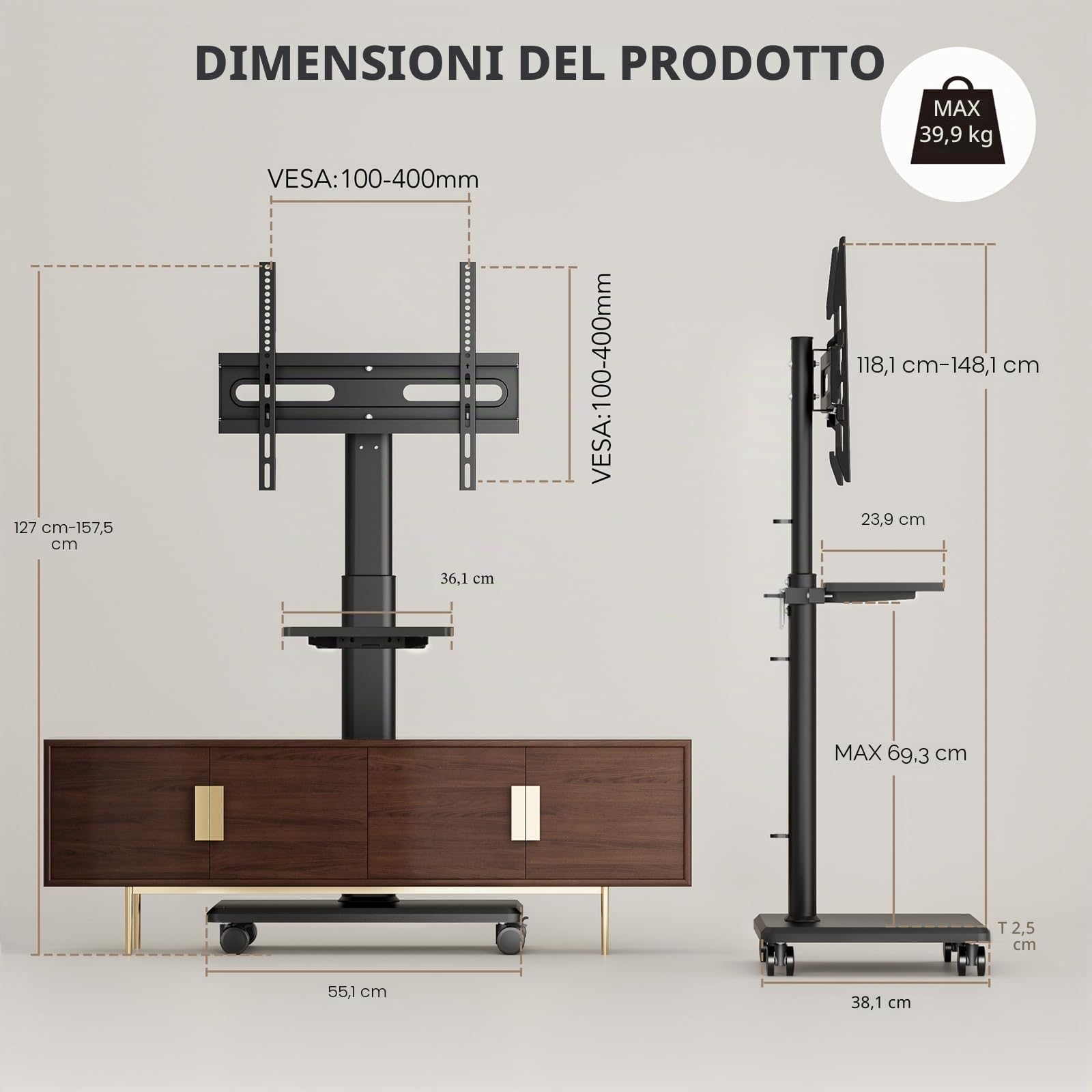 AX WABER Supporto TV da Pavimento Mobile con Ruote per TV 27-65 Pollici VESA 400x400 40 kg