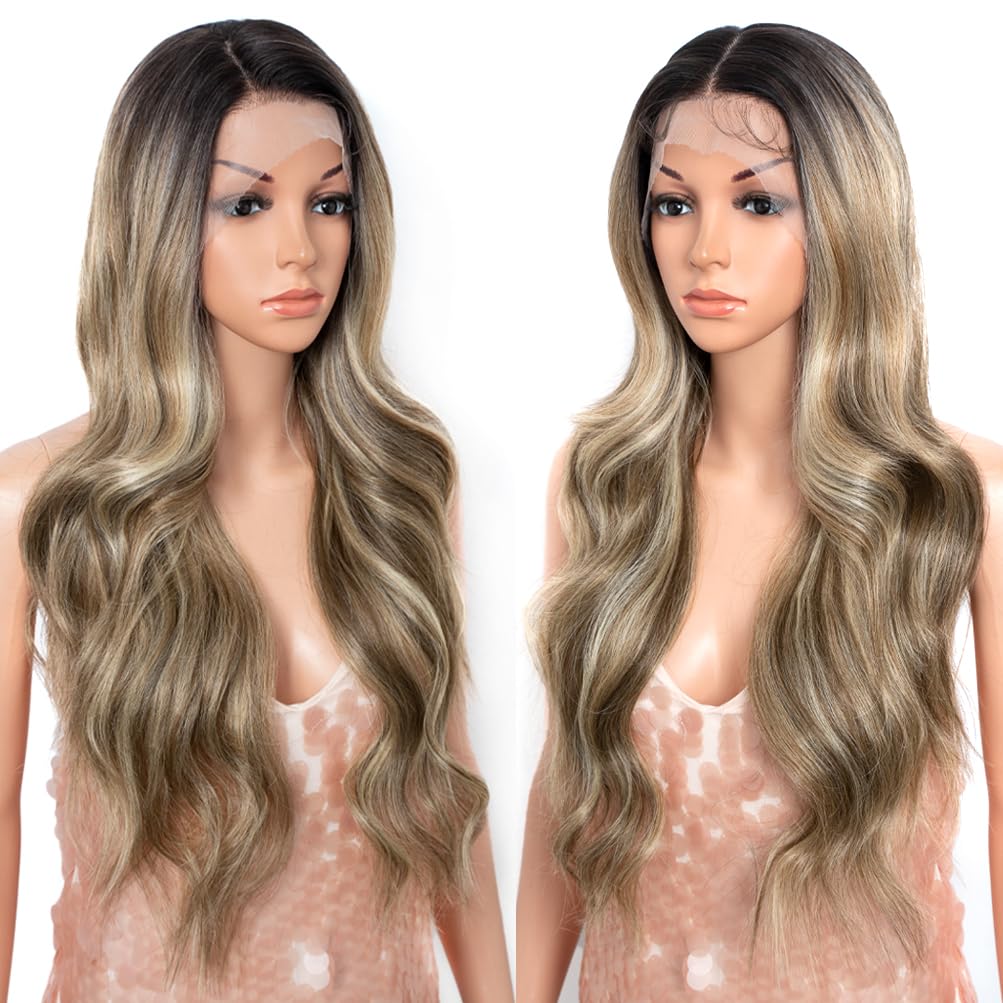 Style Icon 26” Big Curl Layered Synthetic Lace Front Wig 13x4 Large Lace Free Part Ombre Blonde Mixed Black Wig With Adjustable Cap Heat Resistant Fiber(26 Inches, NTSA4/10/23B/613C)