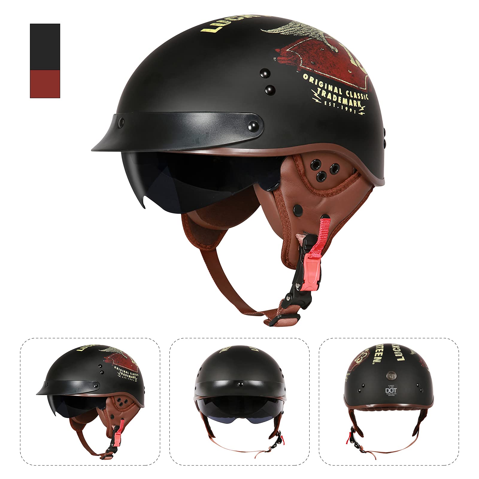 Półotwarty kask motocyklowy dla dorosłych z wizjerem, skuter ATV z certyfikatem ECE (Lucky Black Mat, L 59-60 cm)