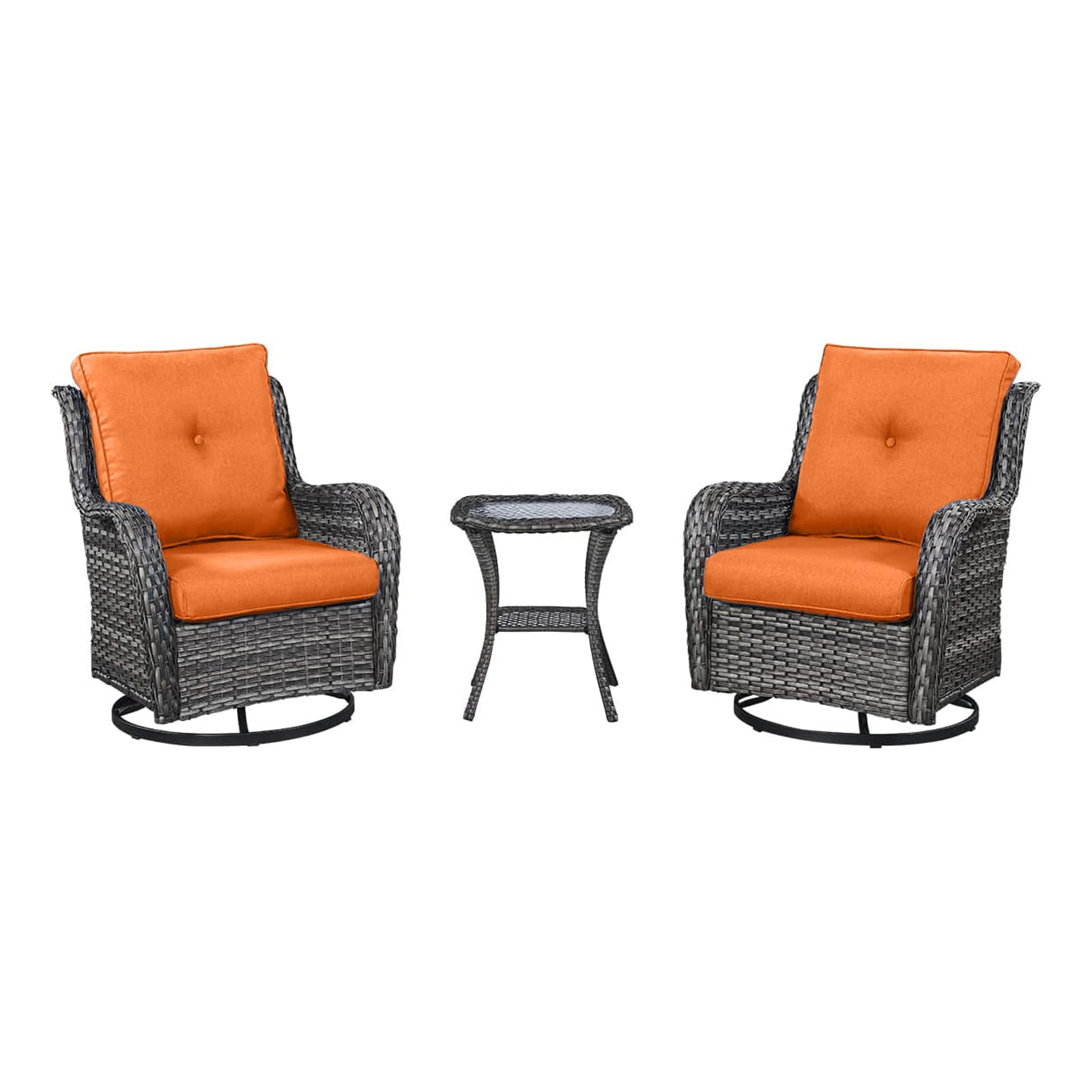 HUMMUH 3-Piece Swivel Rocking Rattan Chair Outdoor, Patio Bistro Furniture Conversation Set, Cushioned Wicker Chair with Glass Coffee Table(Grey,