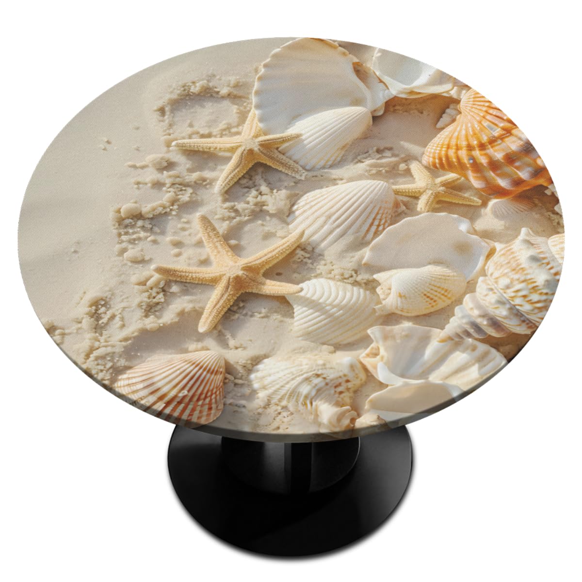Pardick Beach Starfish Shells in Summer Round Tablecloth Edge Elastic Circle Tablecloth Waterproof Wipeable Table Cloth Durable Table Cover 40-44in