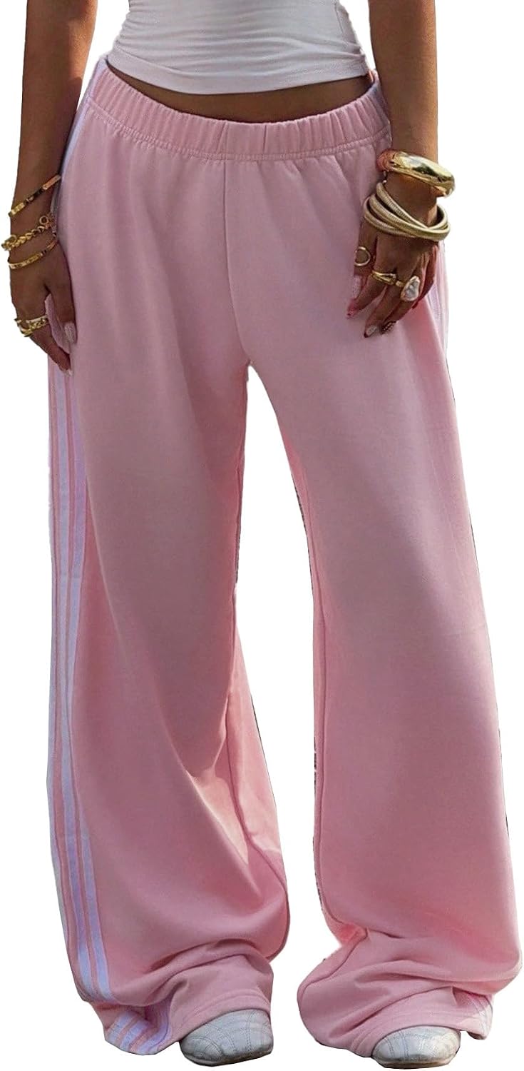 Ulovmi Womens Wide Leg Track Pants Side Striped‌ Baggy Sweatpants with Pockets Pink White L