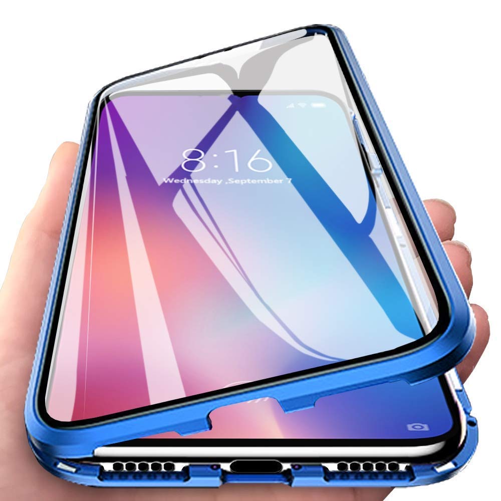 Orgstyle Case for Oppo Find X3 Neo/Reno 5 Pro+ 5G, Magnetic Adsorption Ultra Thin 360° Front and Back Protective Cover Tempered Glass Transparent Metallic Shockproof Case, Blue