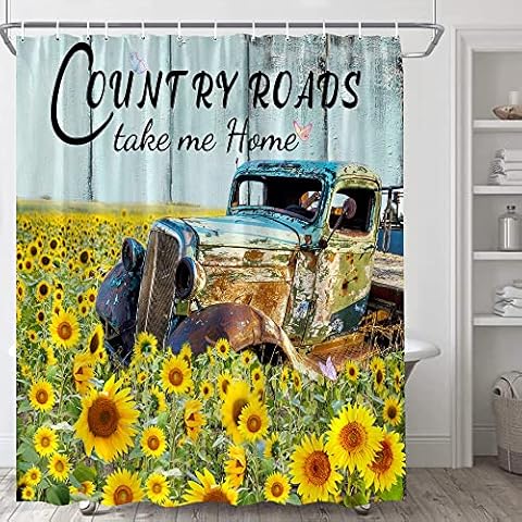 Farmhouse Vintage Old Truck Shower Curtain Antique American Classic Blue Car Pastoral Sunflower Field Butterfly Farm Rustic Teal Wooden Country Nature Fabric Bathroom Curtain with Hooks 70X70Inch Cover