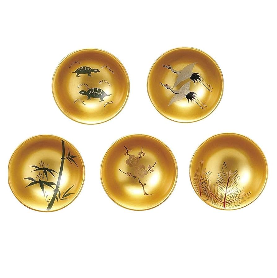 Amazon.co.jp: 会津漆器 酒器 金地 1.8 小盃セット (5P)鶴亀