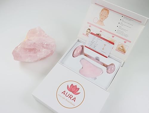 Miniatura 8 de Aura - Live life beautifully Juego de rodillos rosa y gua sha de cuarzo rosa 100% auténtico certificado de alta calidad para cuidado de la piel
