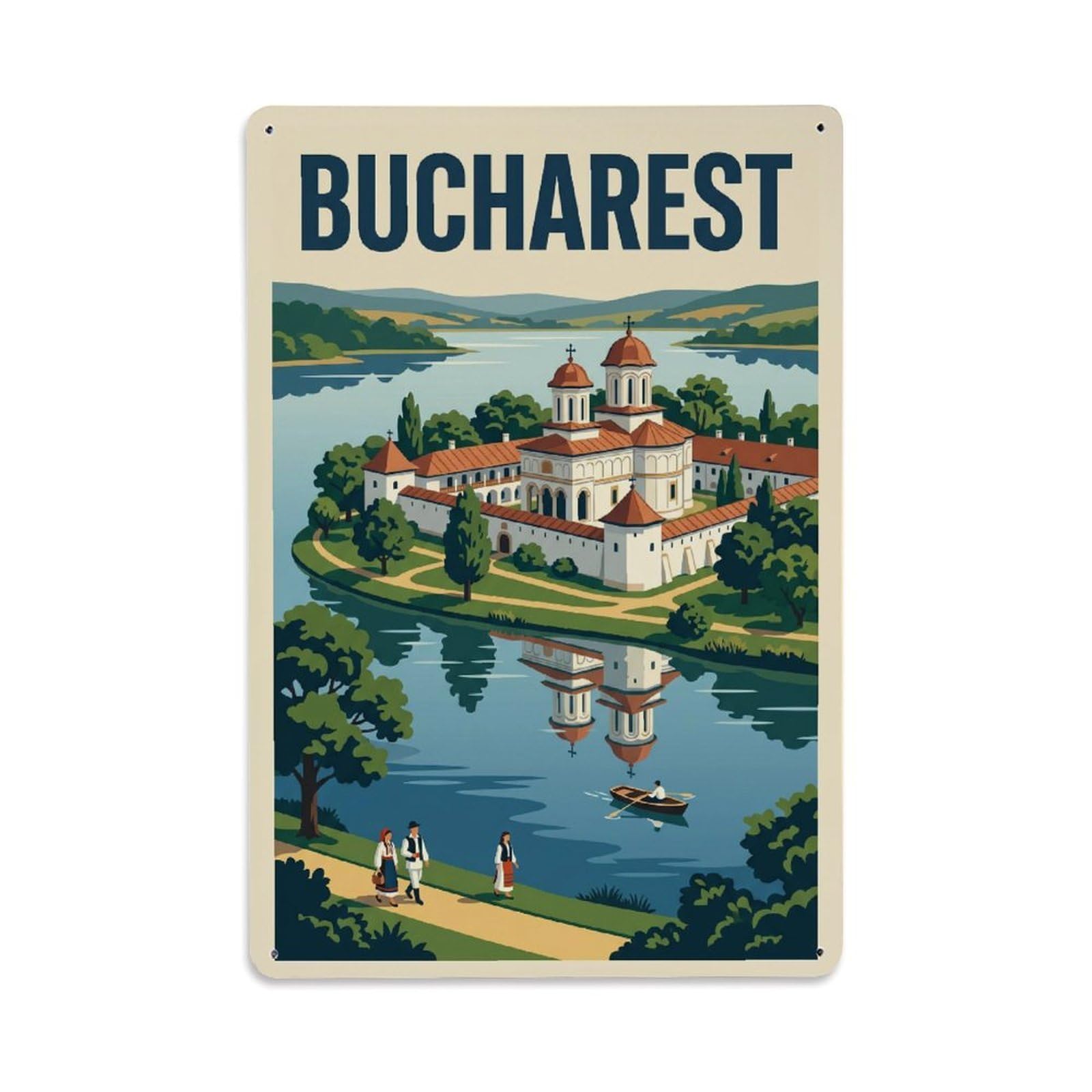 Vintage Travel Bucharest Cernica Monastery Clean Romania Metal Tin Sign Plaque Wall Decor for Cafe, Club Bar, Office, Home Garden Metal Poster 8x12Inch