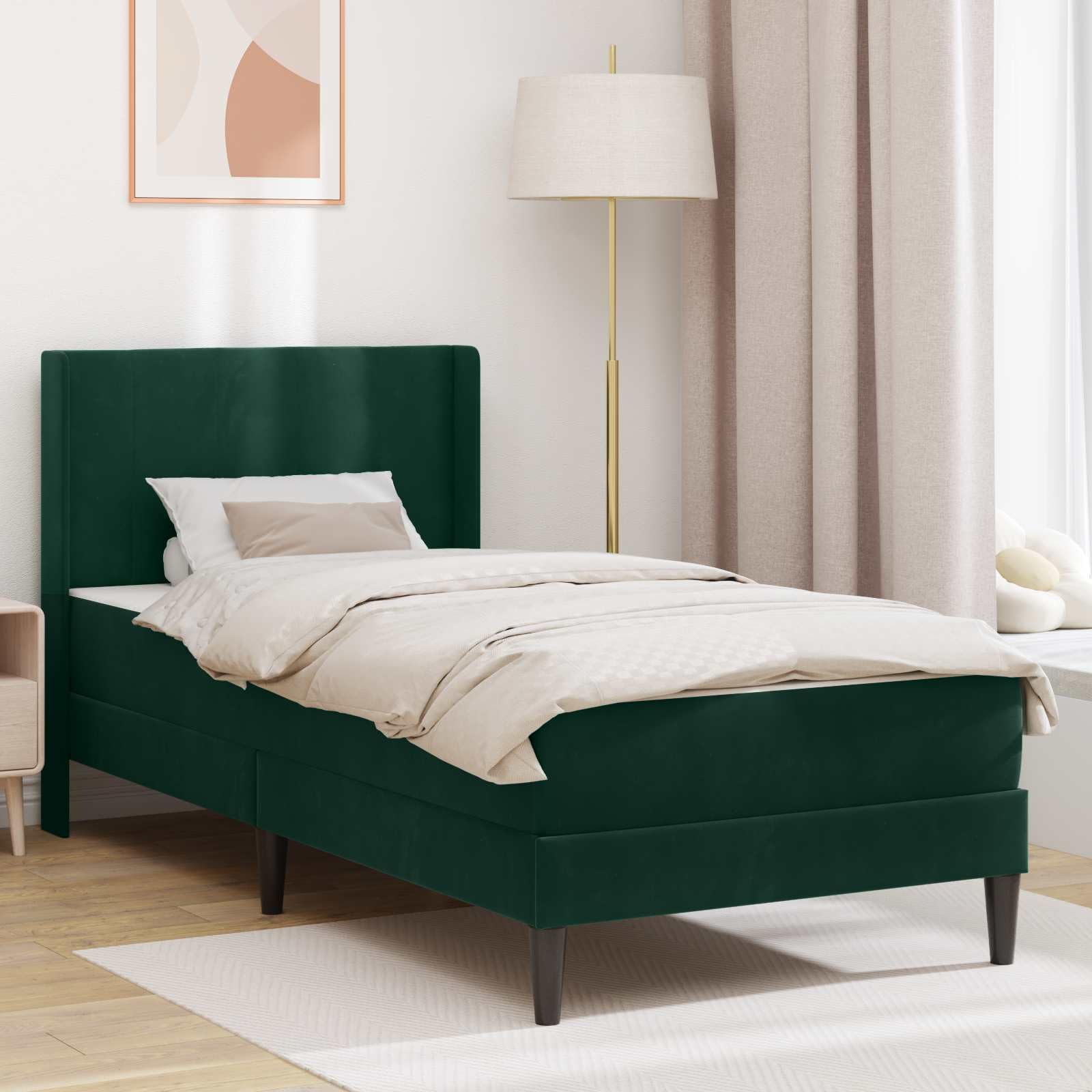 Rama łóżka z materacem, ciemnozielona, 80 x 200 cm, aksamitna, materac ze sprężynami kieszeniowymi ze stelażem, ergonomiczny, oddychający, podkładka do spania z zimnej pianki, do sypialni