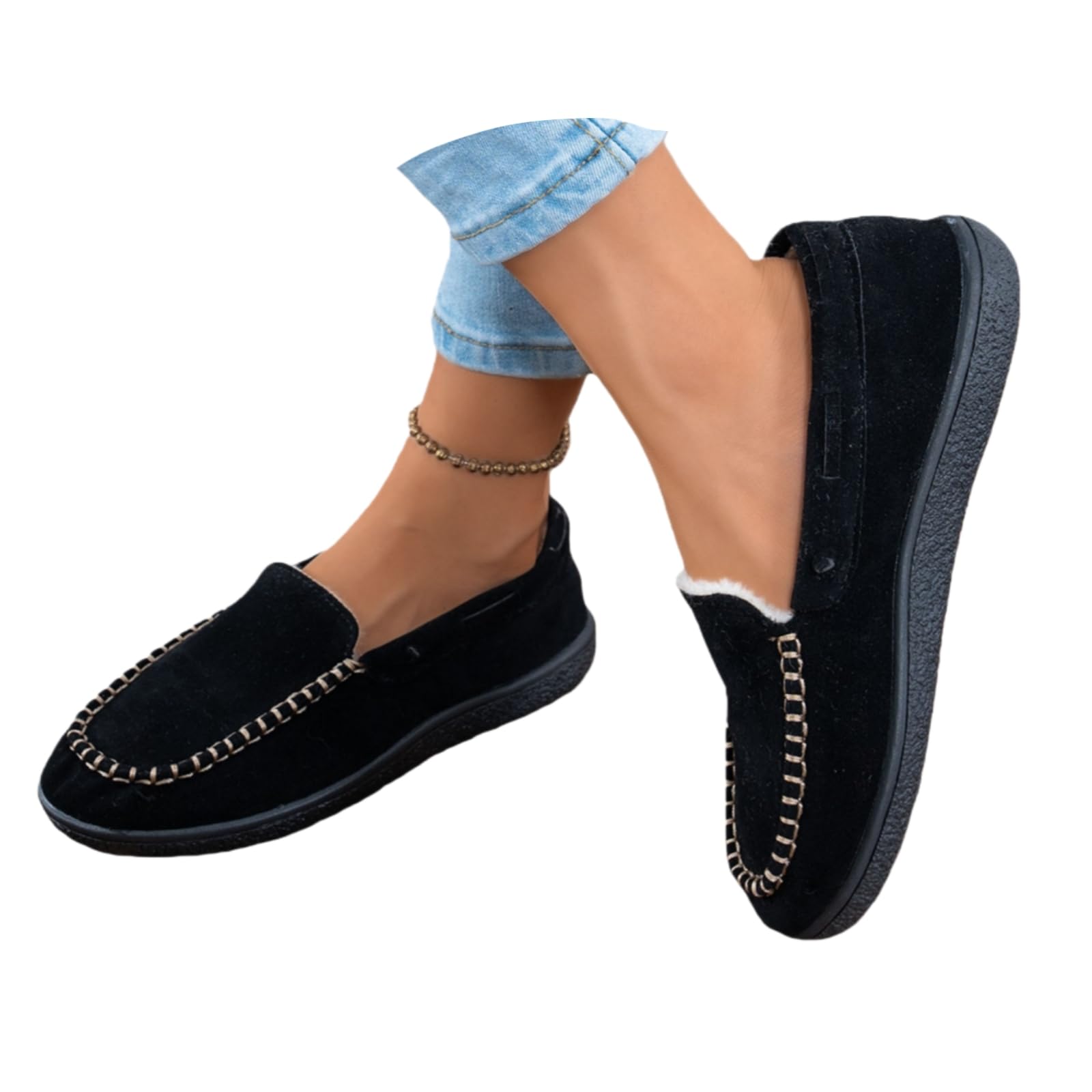 Womens Winter Moccasins Shoes Cozy Fuzzy Lined Slip on Flats Shoes Winter Warm Memory Foam Indoor Outdoor Suede