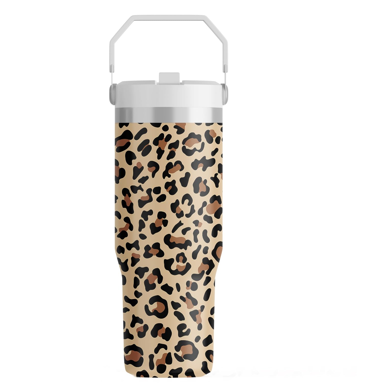 FOLAI Leakproof Flip Water Tumbler,30oz Stainless Steel Hot and Cold Water Bottle with Ergonomic Handle and Straw Keeps Cold For 12+ Hours,Ideal for Gym,Car,Beach-Easy to Carry Travel Mug(Leopard)