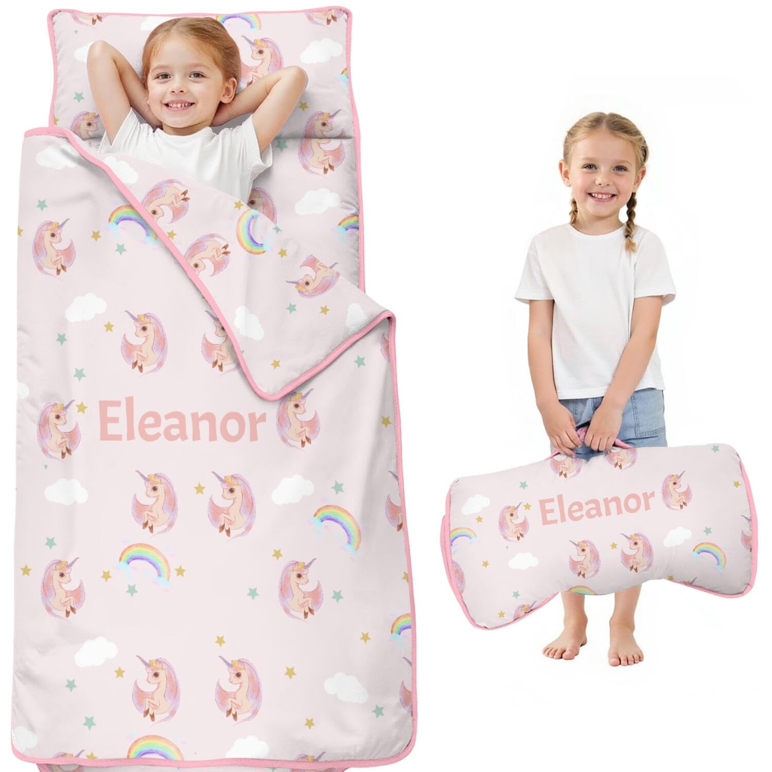Personalized Unicorn Toddler Nap Mat, Custom Name Sleeping Bag with Pillow for Kids Preschool Daycare, Toddlers Travel Bed Soft Napping Sack for Boys Girls