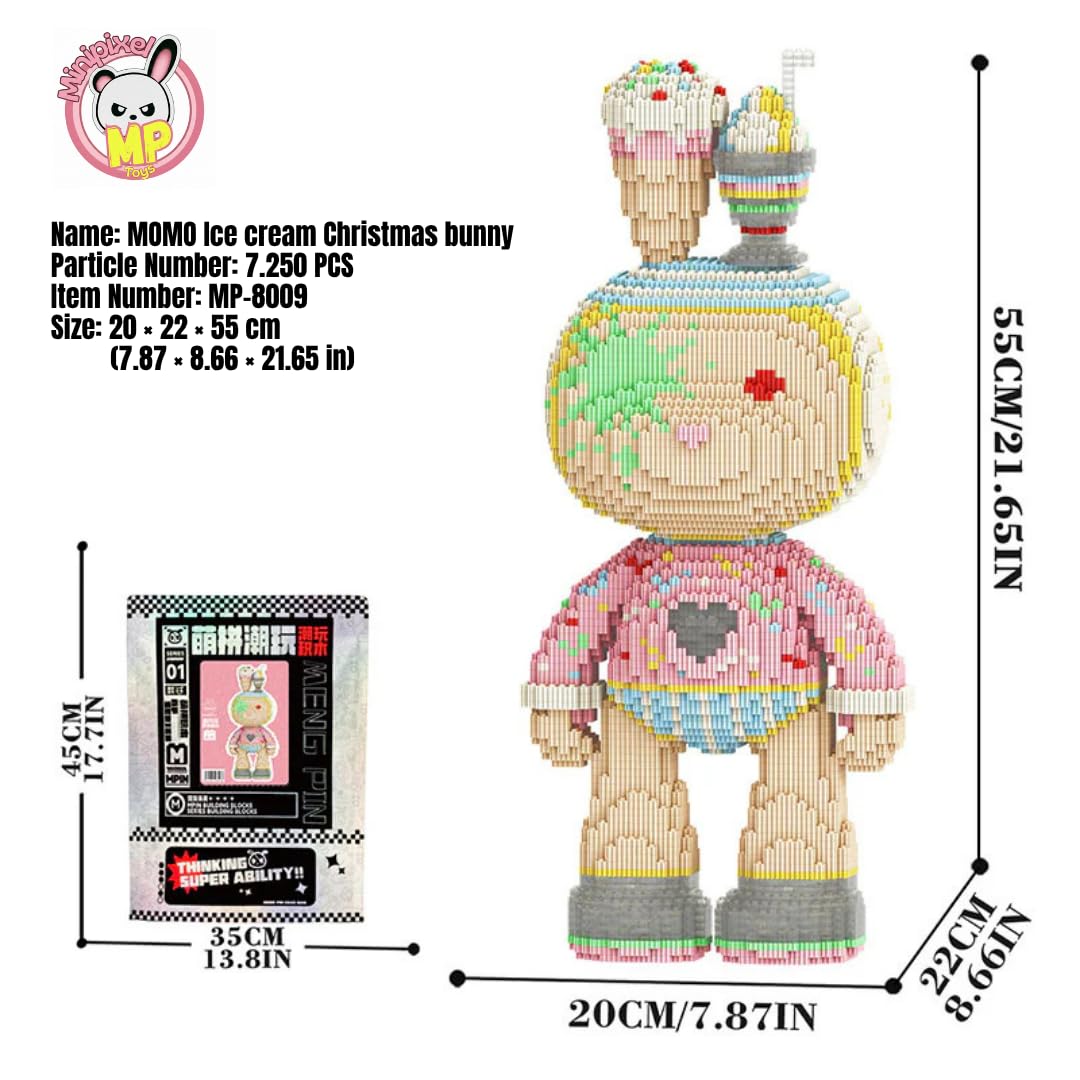 Generisch MP-8009 MOMO Ice Cream Bunny (7250 Teile), 55 cm, Eiscreme Weihnachts-Hase, Mikro-3D Klemmbaustein Set für Erwachsene und Jugendliche, Süße Deko & Sammlerstück