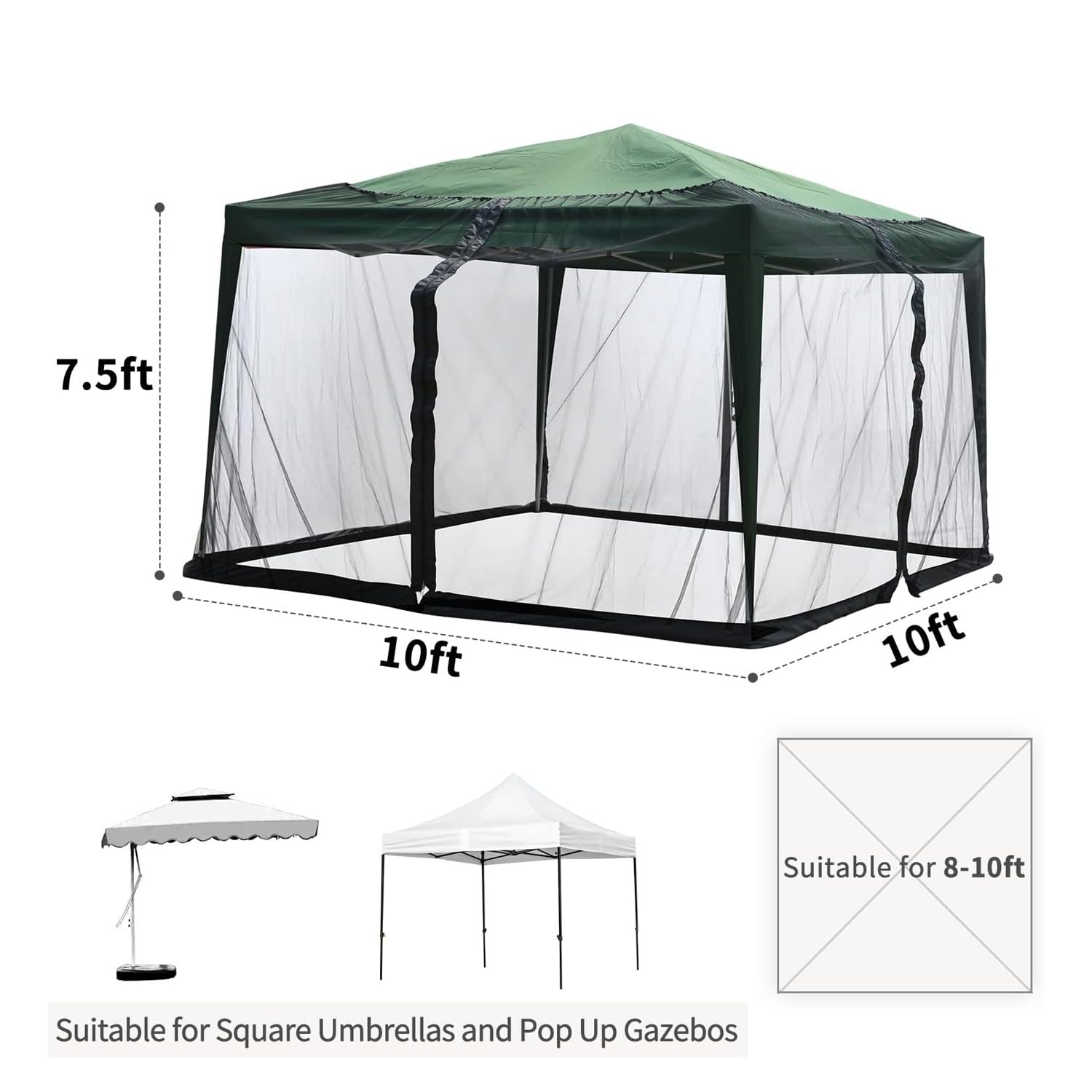 Zanzariera per Ombrellone 3x3, Rete Antizanzare per Ombrellone da Giardino Esterno, Universale Regolabile Schermo con porta a cerniera per Gazebo Ombrelloni tavoli da patio, AntiVento (Nero)