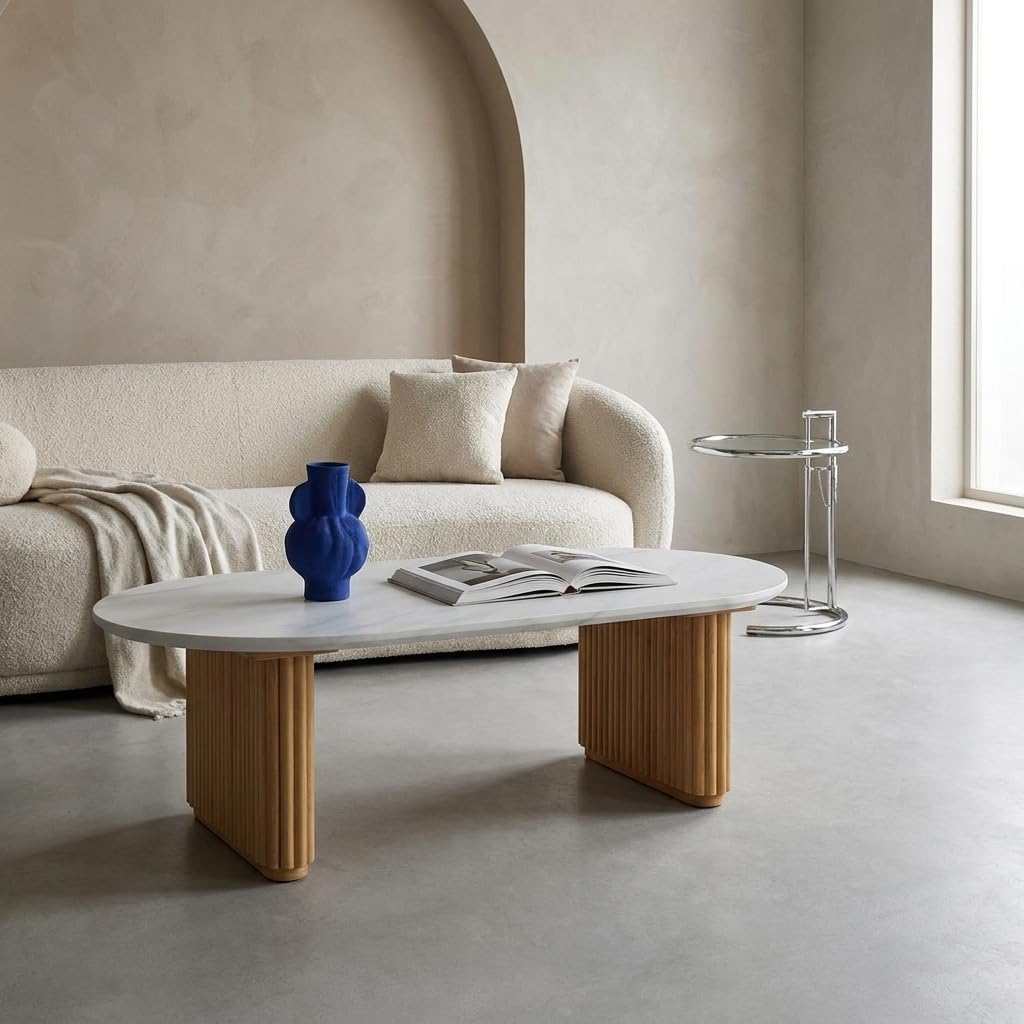 sweeek - Table basse ovale en bois d'hévéa avec effet pierre naturelle - 122 x 65 x 35 cm