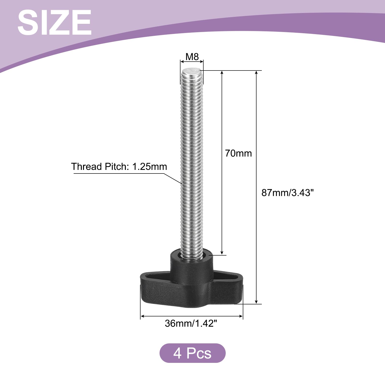 uxcell 4Pcs Tee Wing Knobs Thumb Screws, M8 x 70mm Clamping Screw Knob Male Thread 304 Stainless Steel T Shaped Thumb Screws Handle 36mm Dia. for Hand Tightening Knob Replacement, Black