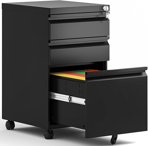 Miniatura 8 de BIZOEIRON Archivador móvil de 2 cajones, archivador de metal debajo del escritorio con cerradura y ruedas, archivador rodante para oficina en casa,