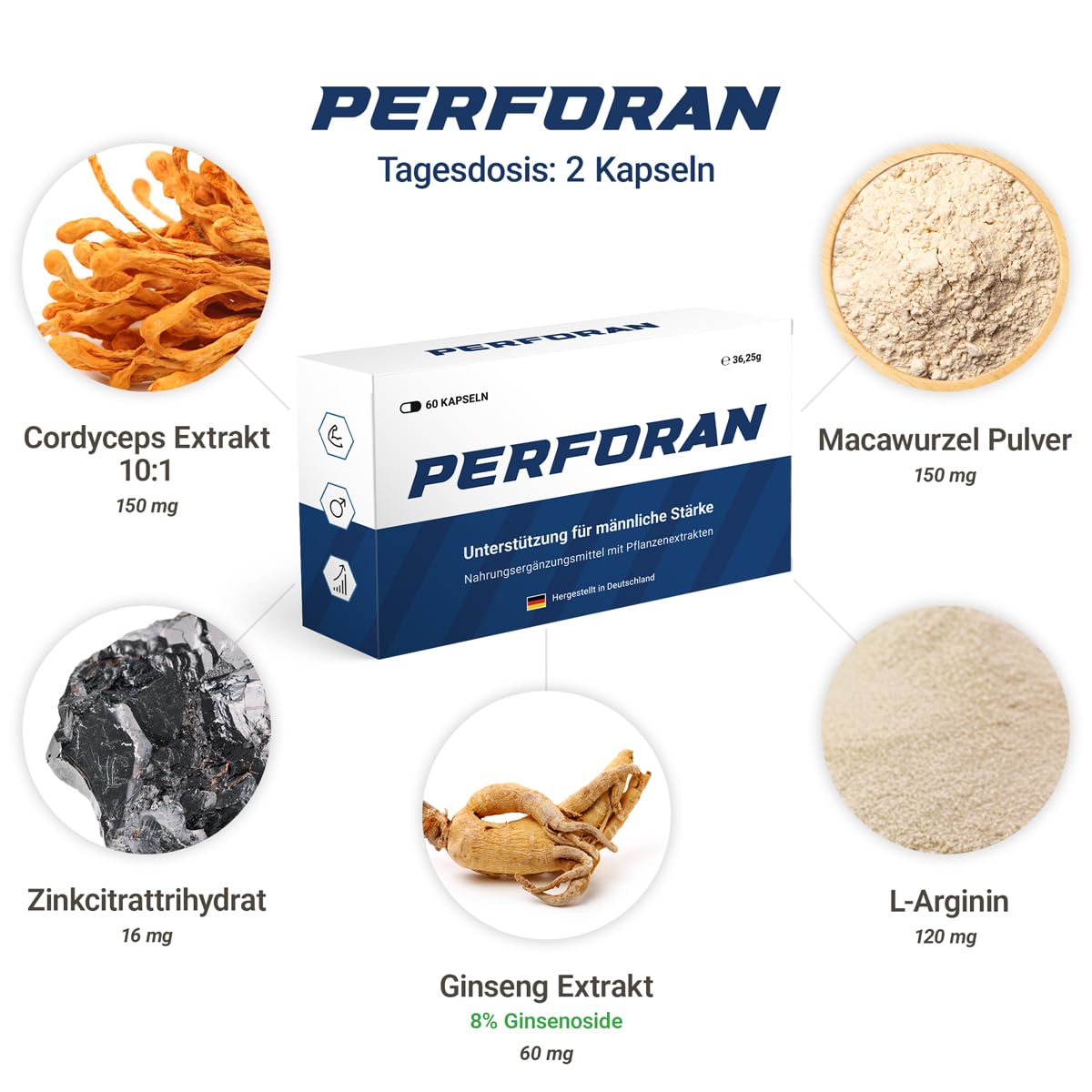 Männer Kapseln hochdosiert – L-Arginin Maca Ginseng Zink – vegan | Mit L-Arginin, Maca & Ginseng für männliche Stärke – Zink, Selen, Folsäure & Vitamin D3 – vegan, laborgeprüft – 60 Kapseln