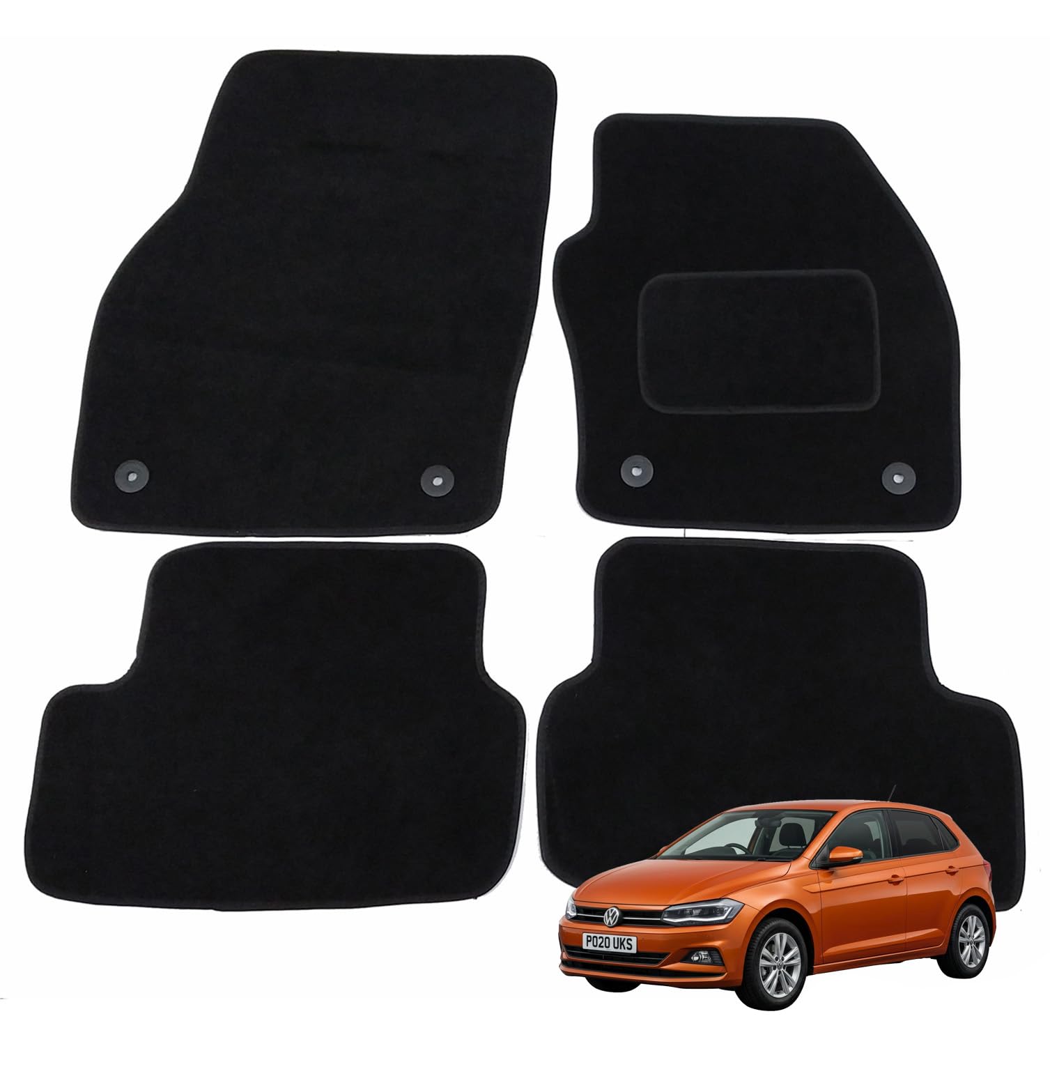 5118585 Tapis de Voiture sur Mesure pour Polo à partir de 2018 – Lot de 4 pièces avec Clips de sécurité, Noir avec Bordure Noire