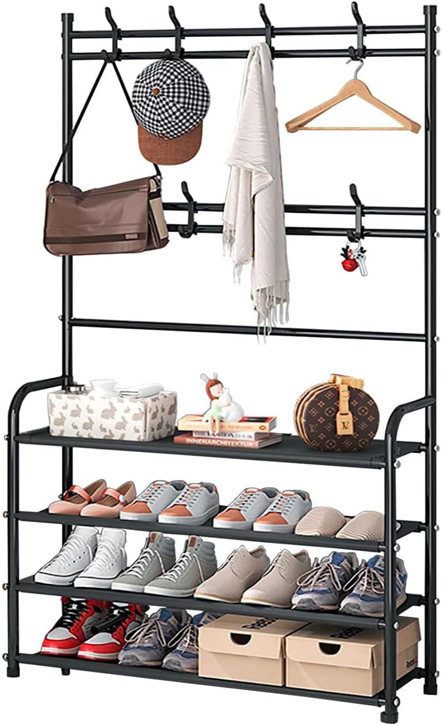 Shoe Rack Shoe Storage Shelf Freestanding with 8 Hooks for Entryway Bedroom Closet 4 Tier, Black