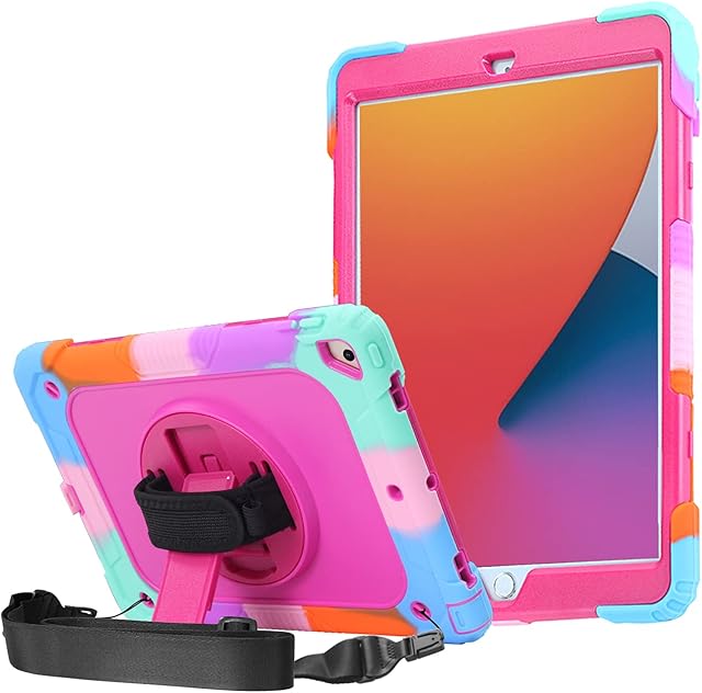 FANSONG iPad 9th 8th 7th Case, Cover for iPad 10.2 inch Kids with Pencil Holder 360° Stand Handle Shoulder Strap Shockproof Heavy for Apple Tablets iPad 9 2021 8 2020 7 2019(Rainbow)