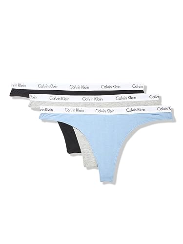Calvin Klein Women's Carousel Logo Cotton Stretch Thong Panties, 3 Pack - Black/ Grey Heather/ Iceland Blue - Medium