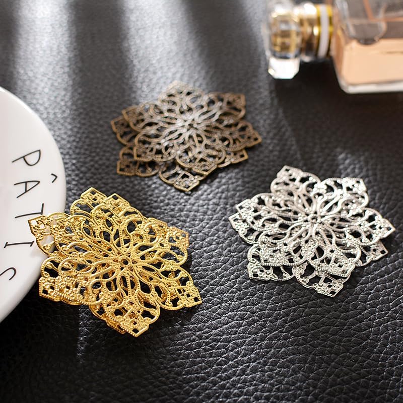 15Pcs 56mm Hollow 6-Leaf Flower Filigree Wraps Metal Accessories Ancient Decorative Findings