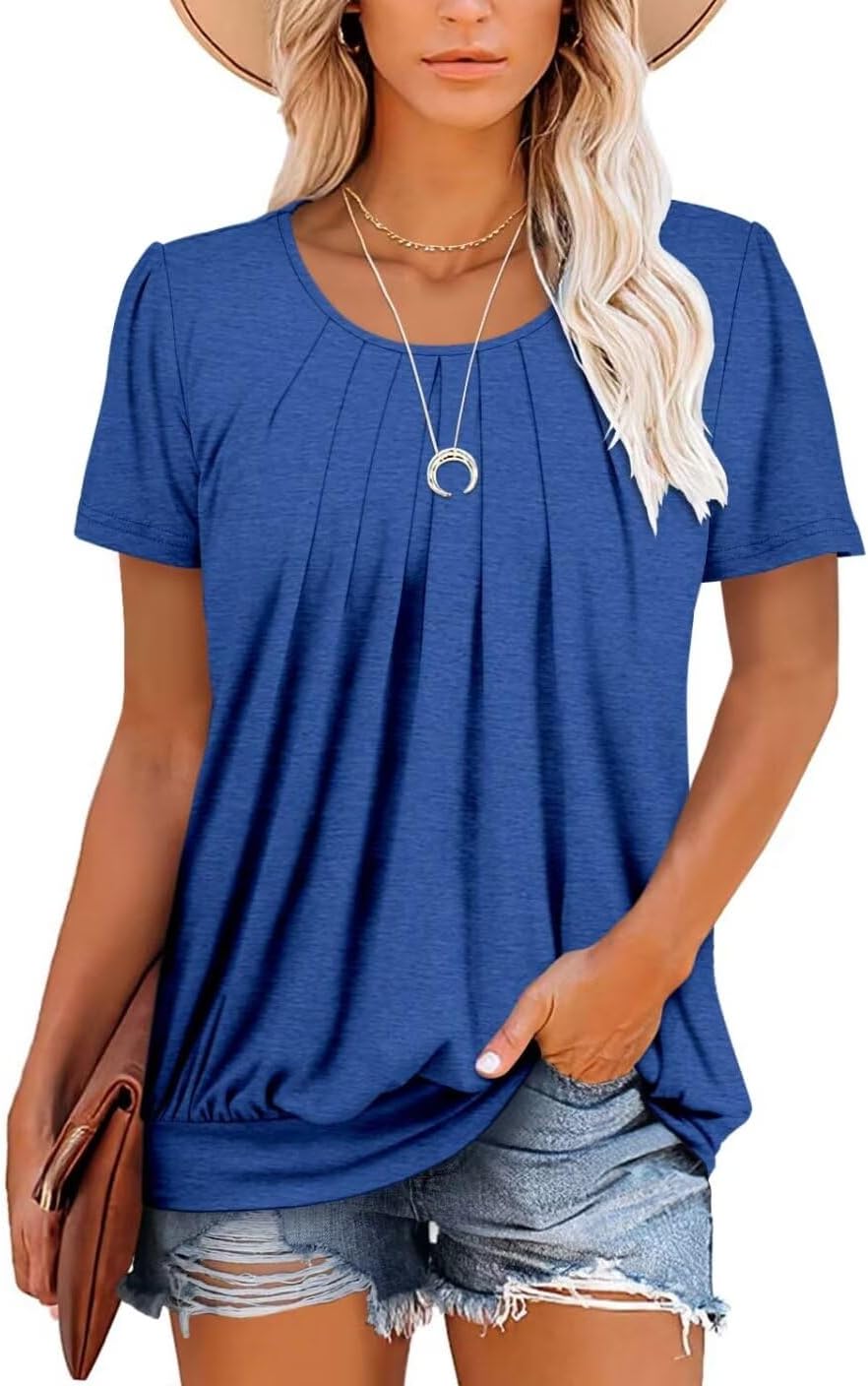 ZOLUCKY Womens Casual Short Sleeve Tunic Tops Scoop Neck T Shirts Summer Loose Fit Tunics - Image 3