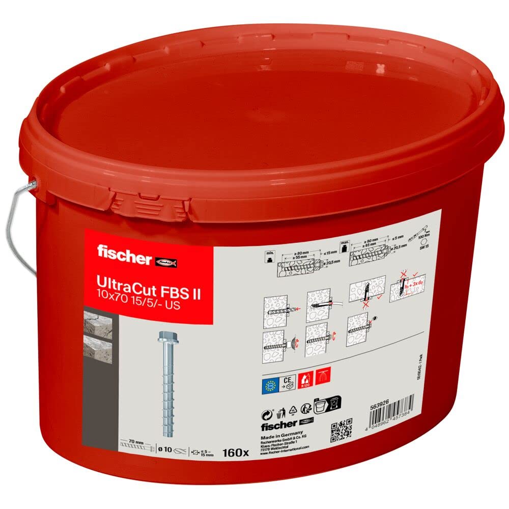 Fischer UltraCut FBS II 10x70 15/5 US Secchio 160x Viti per Calcestruzzo Testa Bombata Larga per Fissaggio e Rinforzo Solai in Cemento, Riultilizzabili, per Zona Sismica C1 e C2