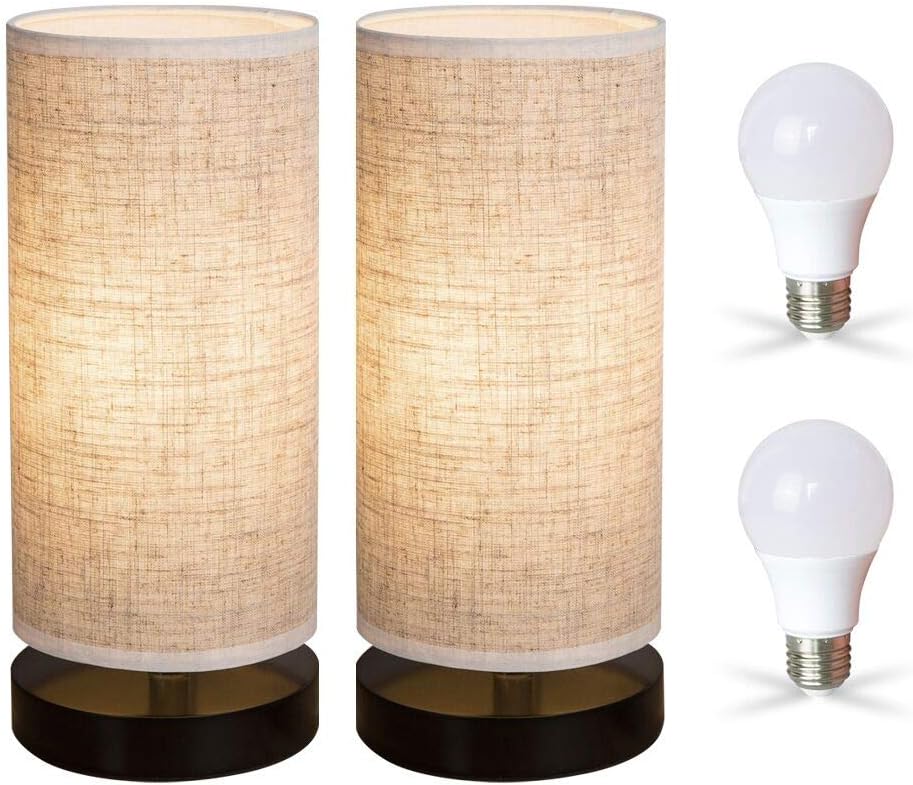 ZEEFO Bedside Table Lamp, Modern Simple Design Desk Lamp with Cylinder Fabric Shade and Black Base, Included 2 Led Bulbs, Perfect for Home, Bedroom, Living Room, Office, Sturdy (Set of 2)