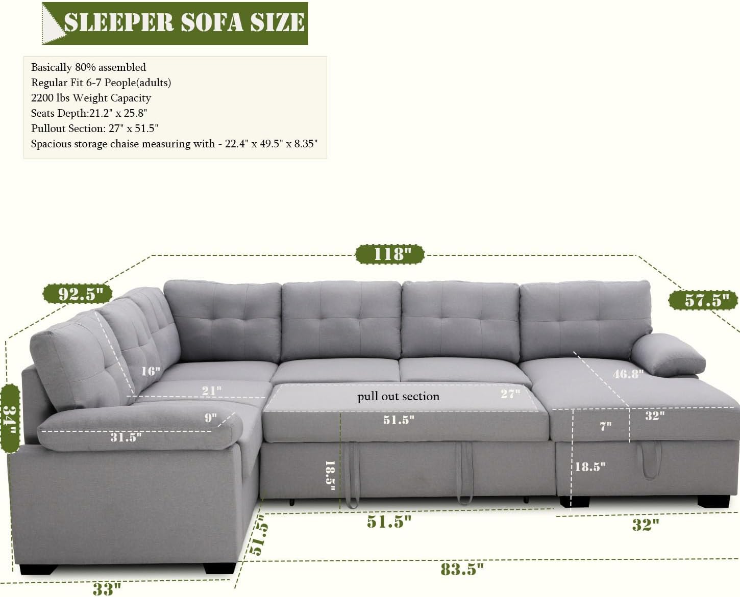 asunflower Sleeper Sectional Couch with Stroage Chaise,Oversized Pull Out Sofa Bed for Living Room, U Shaped 118" Sectional Sleeper Sofa Modular Couch in Grey, Simple Assembly