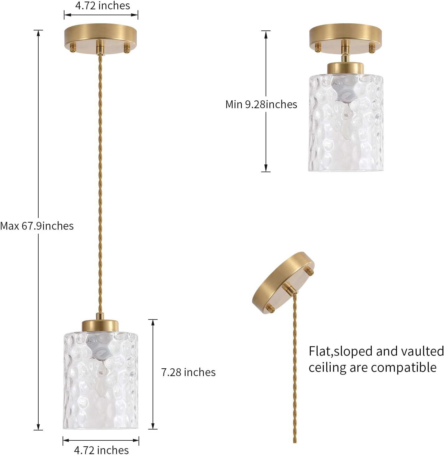 MWZ Gold Pendant Lights Kitchen Island 3 Pack, Modern Hanging Kitchen Pendant Lighting Over Sink with Hammered Glass Shade,Small Chandeliers Fixtures Adjustable Cord Hanging Lighting for Dining Room