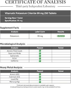 Vitamatic Potassium 99mg 250 Tablets Potassium Chloride for Muscle, Heart & Nerve Function Electrolyte Support Non-GMO, Gluten-Free
