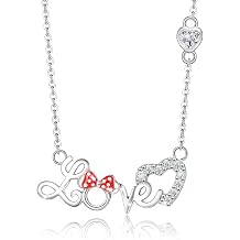 Sterling Silver Mouse Necklace for Teens Women,Sparkle Cubic Zirconia Red Bow Necklace, Adjustable Love Heart Pendant Necklaces, Adorable Jewelry Gifts for Daughter Granddaughter Niece