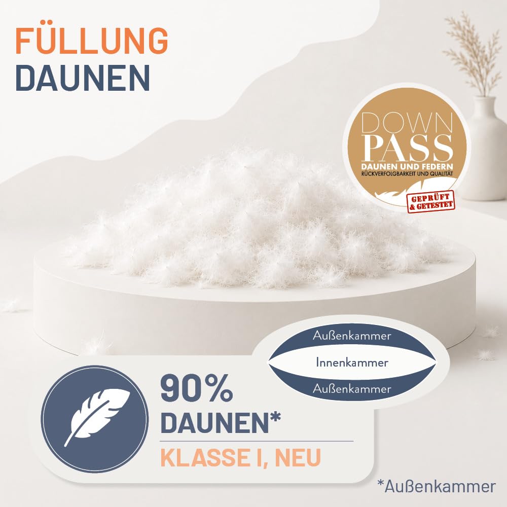 Daunenkissen 80x80 cm, Premium 3-Kammer Daunen Kopfkissen, Made in Germany | 90% Daunen (Außen), Daunen Kissen für Allergiker NOMITE, Dreikammerkissen aus 100% Baumwolle, OEKO-TEX STANDARD 100