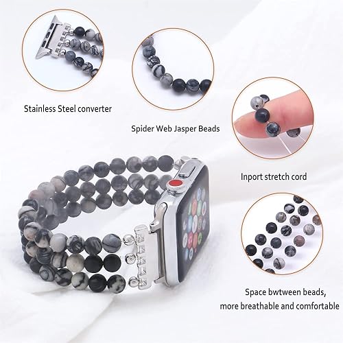Miniatura 4 de Pulsera de cuentas de piedra natural compatible con Apple Watch Band Series 9, 10, Ultra 2, SE, Ultra 8 7 6 5 4 3 2 1, correa de reloj elástica para