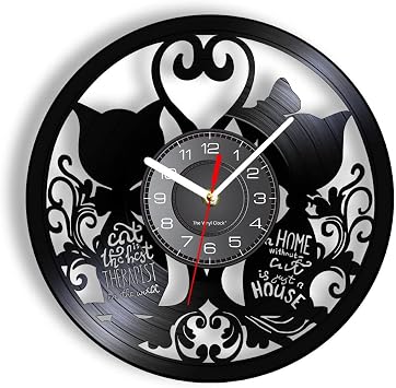12 Crazy Cat Vinyl Record Wall Clock, Kitten Cat with Funny Tail Modern Silent Non Ticking Battery Operated Wall Clock Watch Black Kitty for Cats Pet Lovers Bedroom Living Room Decor