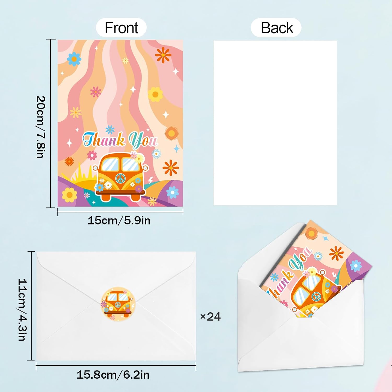 24 Pack Retro Thank You Cards,Groovy Hippie Boho Rainbow Flower Greeting Cards with White Envelops and Matching Sealing Stickers for Thanksgiving Birthday Thank You Theme Party Supplies - Image 2