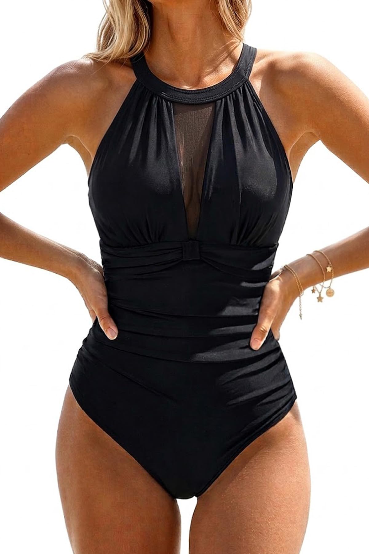 Tempt Me High Neck Plunge Crinkle Swimsuit