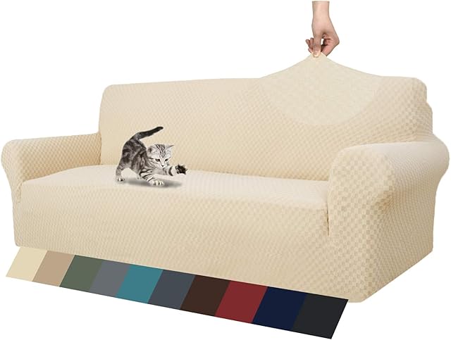MAXIJIN Newest Jacquard Sofa Covers for 3 Seater, Super Stretch Non Slip Couch Cover for Dogs Pet Friendly 1-Piece Elastic Furniture Protector Sofa Slipcovers (3 Seater, Light Beige)