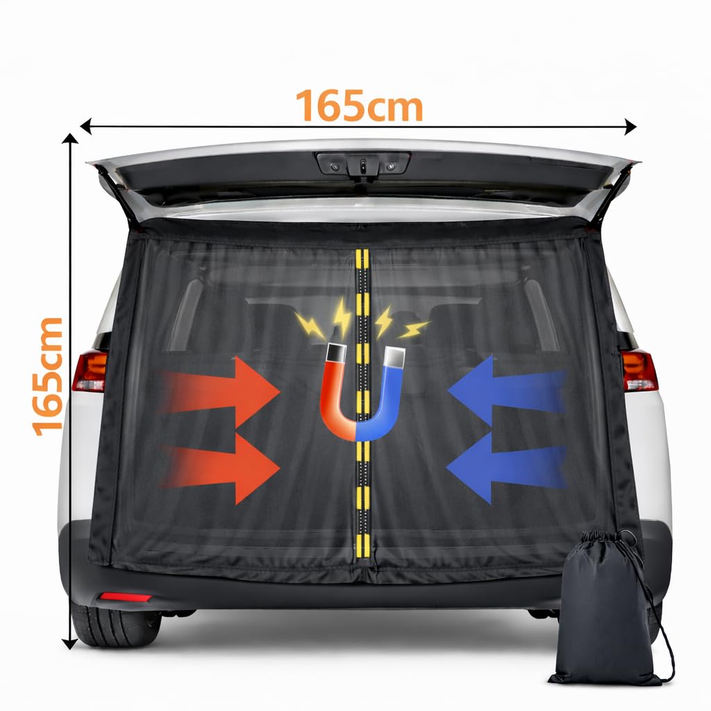 Daromigo Magnetyczna moskitiera samochodowa 165 x 165 cm, czarna – czterostronne uszczelnienie magnetyczne, zamknięcie środkowe, oddychająca, instalacja bez użycia narzędzi, na kemping i do vanów