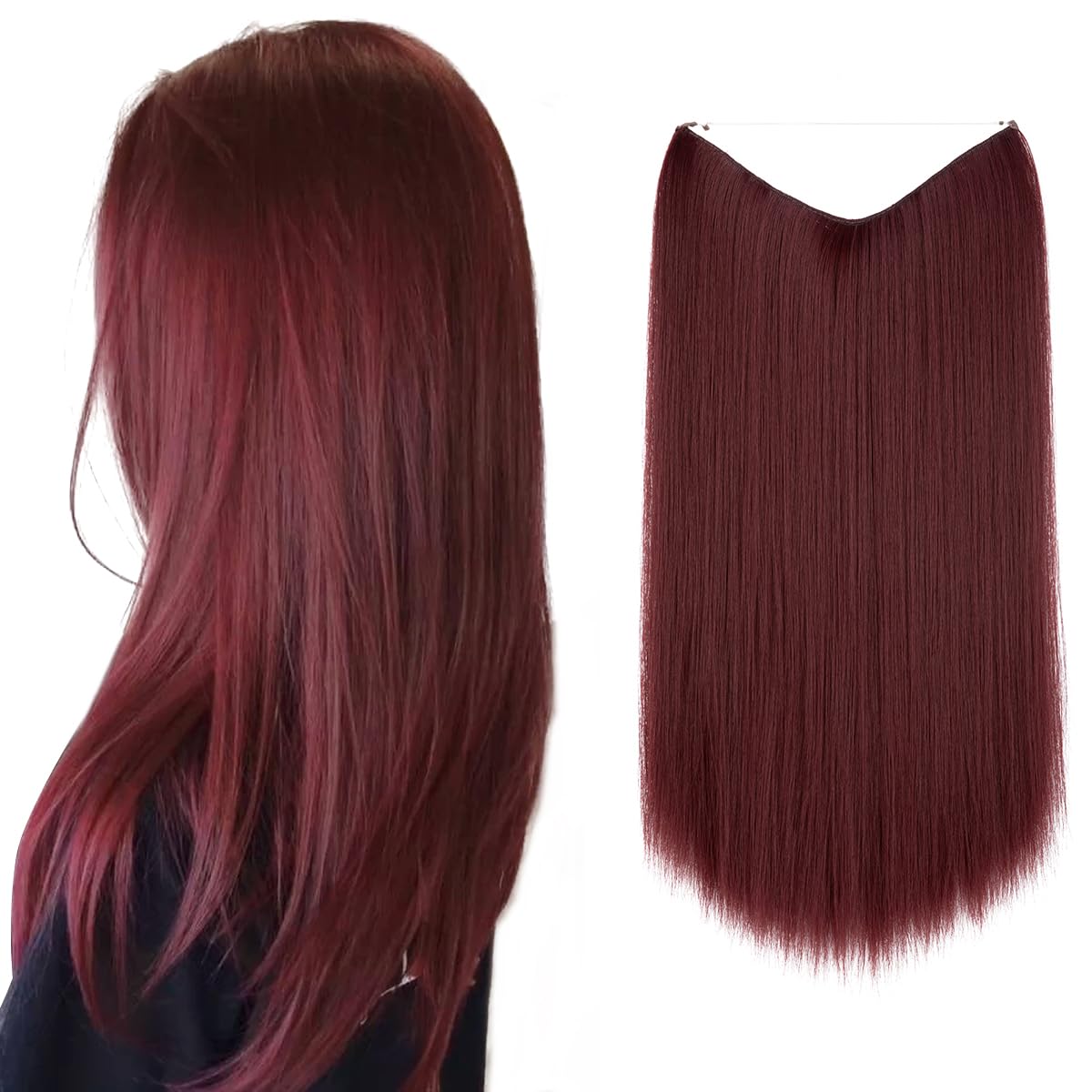 SARLA Burgundy Straight Invisible Wire Hair Extensions Long Synthetic Hairpieces for Women Adjustable Transparent Headband No Clip 22 Inch Wine Red