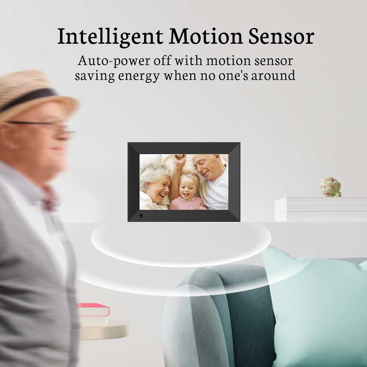 Digital picture frame displaying a family photo, with a motion sensor graphic indicating automatic power-off when no one is around