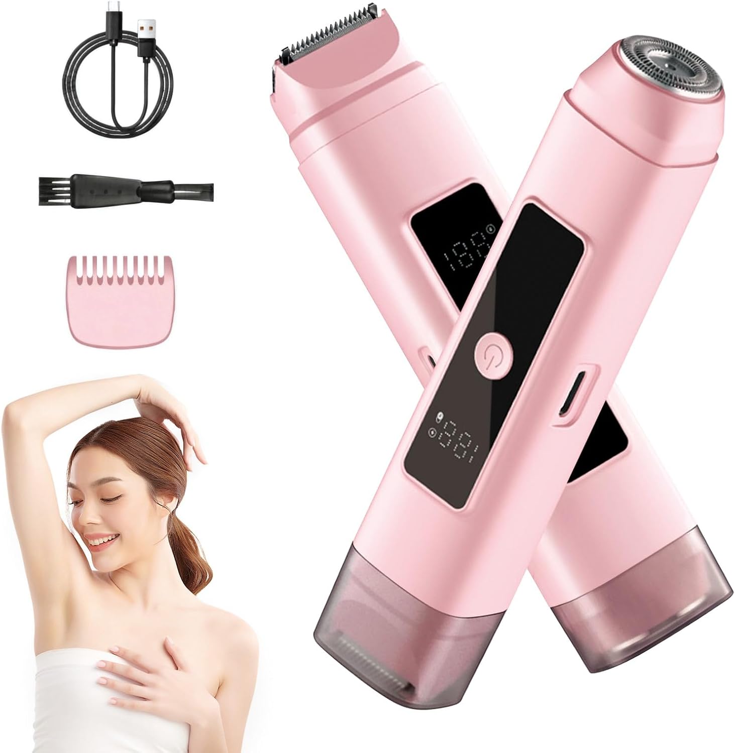 Bikini Trimmer Women, 2 in 1 Electric Razor, IPX7 Waterproof Painless Bikini Trimmer Shaver for Hair Removal, USB Rechargeable for Wet and Dry Use, for Legs, Underarms, Bikini Line and Travel, Red