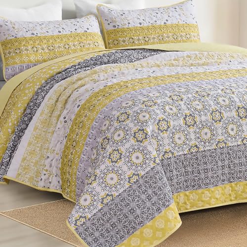 WONGS BEDDING Boho Quilt Set Full Size, Yellow Bohemian Striped Patchwork Bedspread Coverlet Set with 2 Pillowcases,Lightweight Microfiber Floral Bedding Set 78"×90"