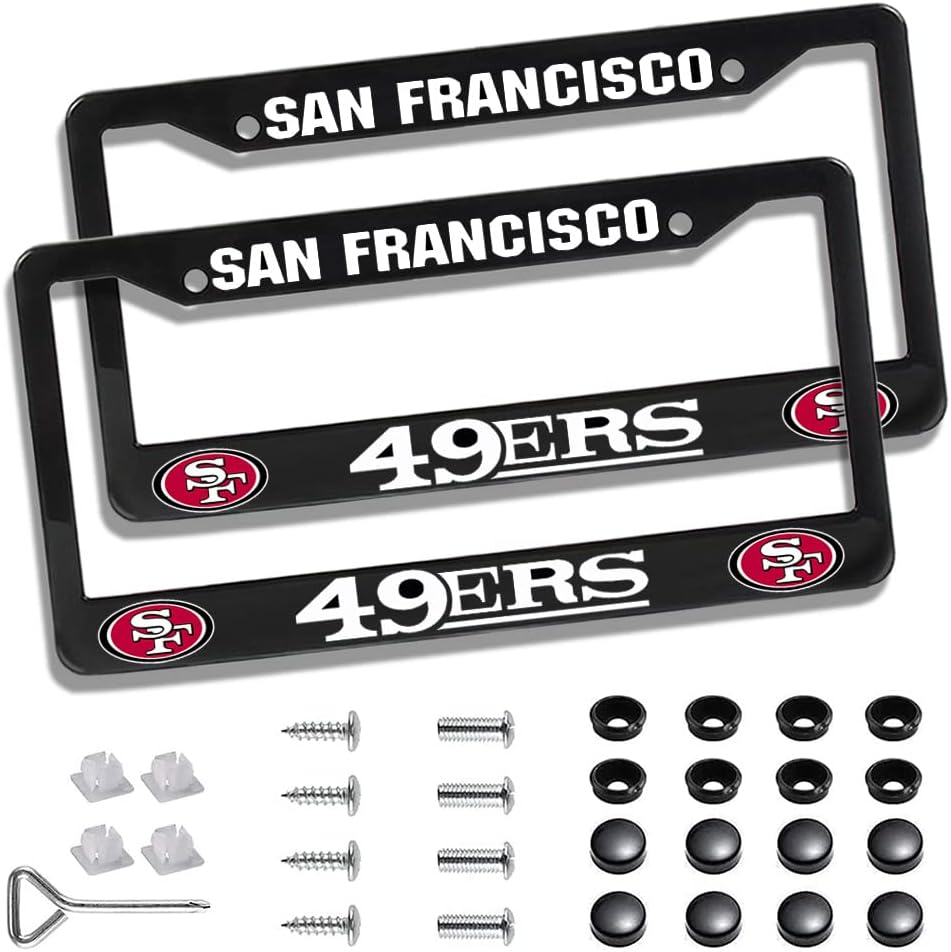 2 Piece License Plate Frames for 49ers Fans, Anti-Dirty and Rustproof Aluminum Alloy License Plate Frames US Standard License Plate Holder with Screw Caps Set (Black)